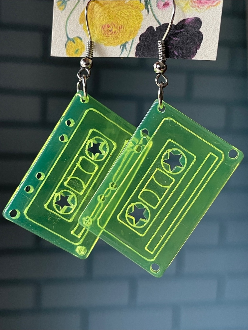 Neon Green Clear Cassette Tape Earrings Music Festival 1980s Jewelry